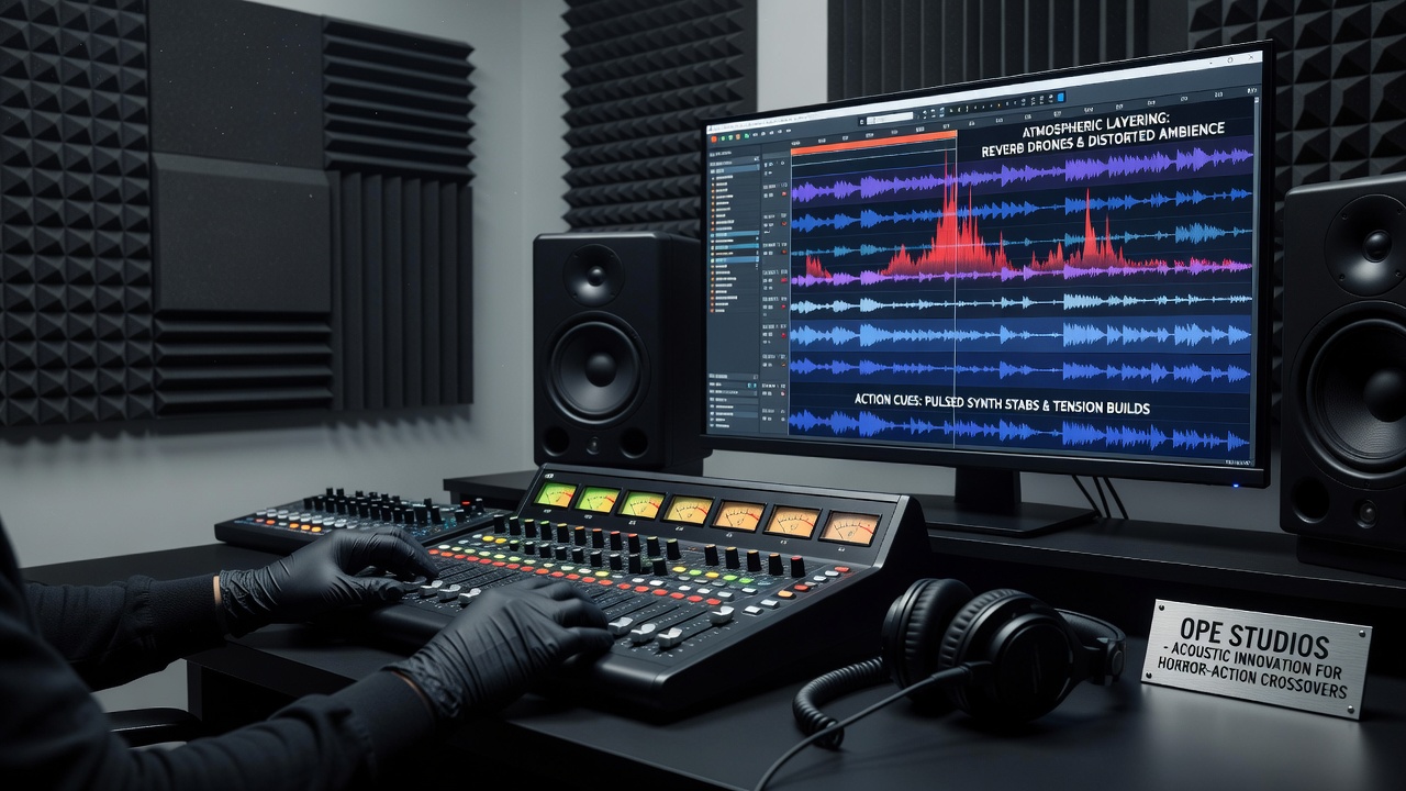 Audio mixing console displaying layered tracks for atmospheric depth in horror-action digital productions