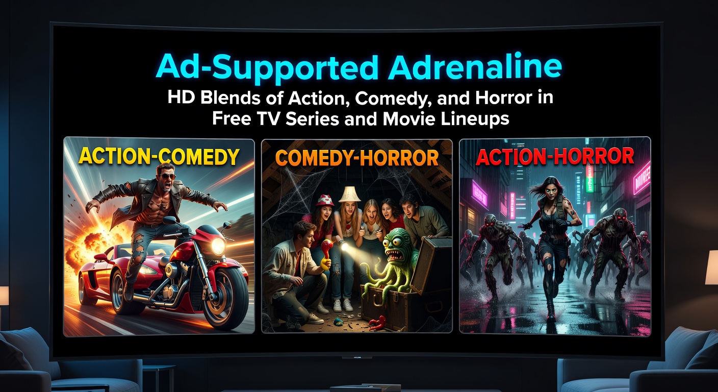 Vibrant screenshot of a FAST platform lineup featuring action-packed horror-comedy hybrids in crisp HD