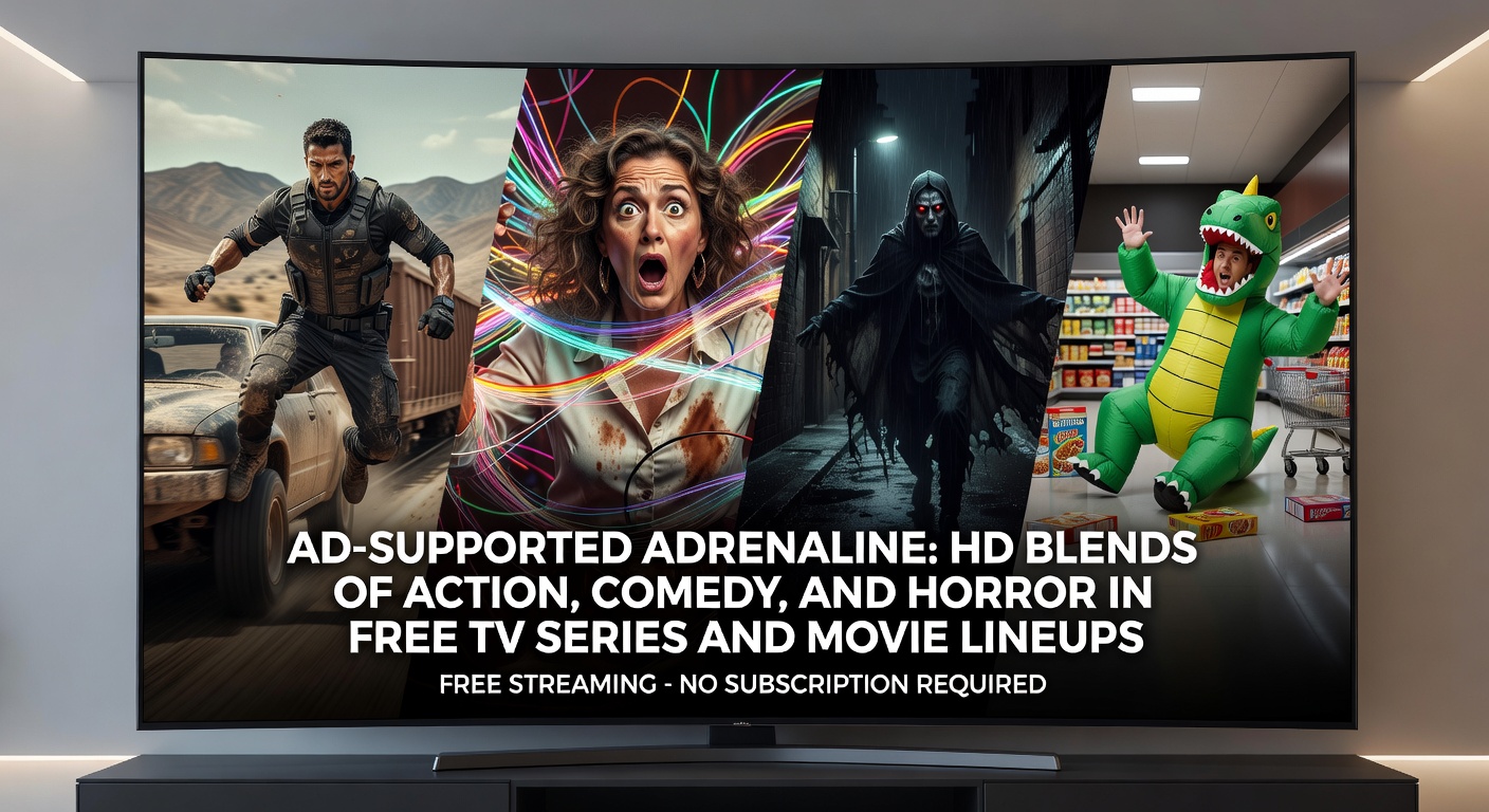 Dynamic collage of FAST app interfaces showcasing comedy-horror series episodes in high-definition glory