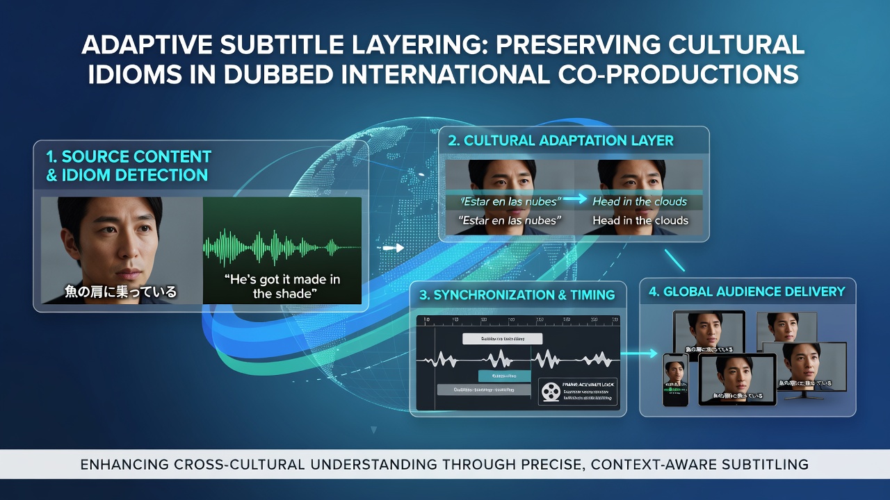 Example of layered subtitles displaying both dubbed dialogue and original cultural idioms during playback of an international comedy