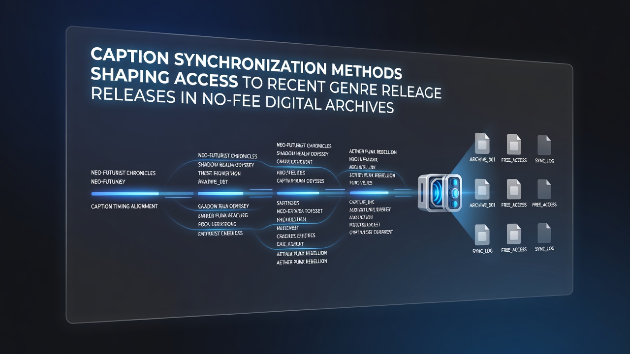 Illustration of caption synchronization technology overlaying digital film frames in a free archive interface