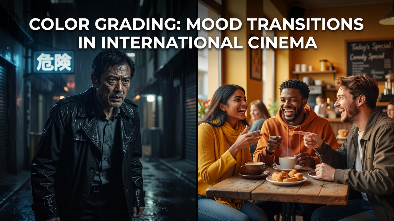 Color grading adjustments shifting from cool tones in tense scenes to warmer hues during comedic moments in international films