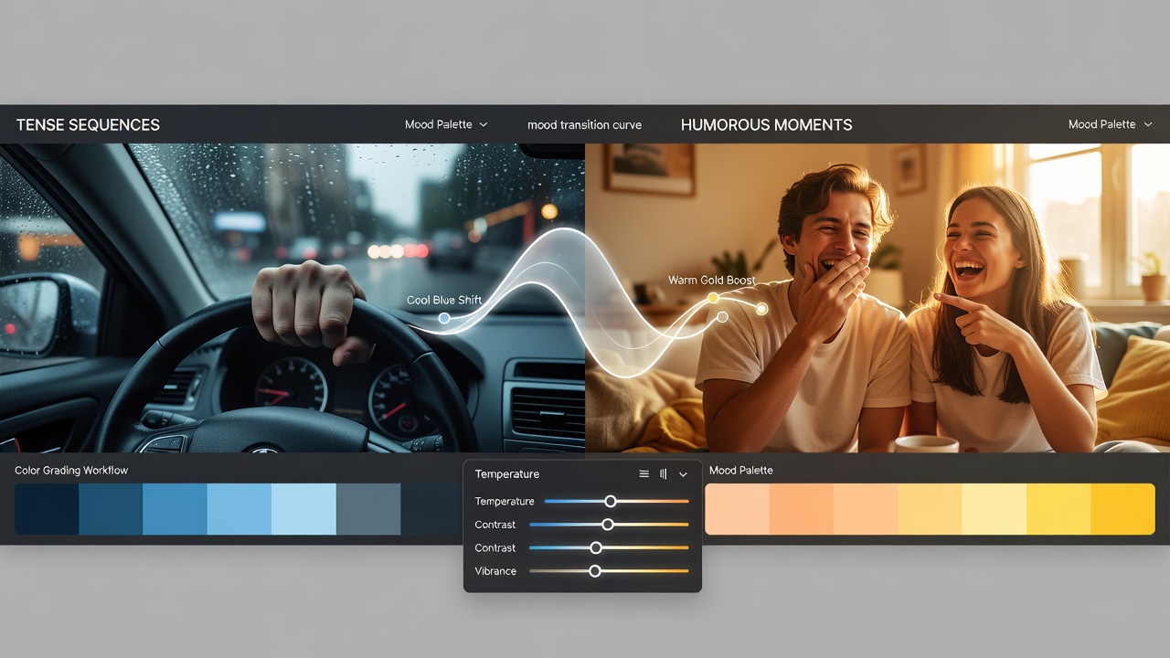 Examples of hue and saturation adjustments used to bridge tense and humorous moments across recent international cinema