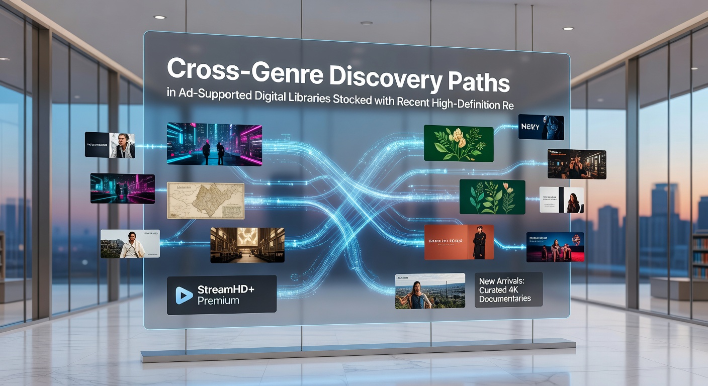 Interface showing cross-genre recommendations in an ad-supported library with HD releases and serialized content