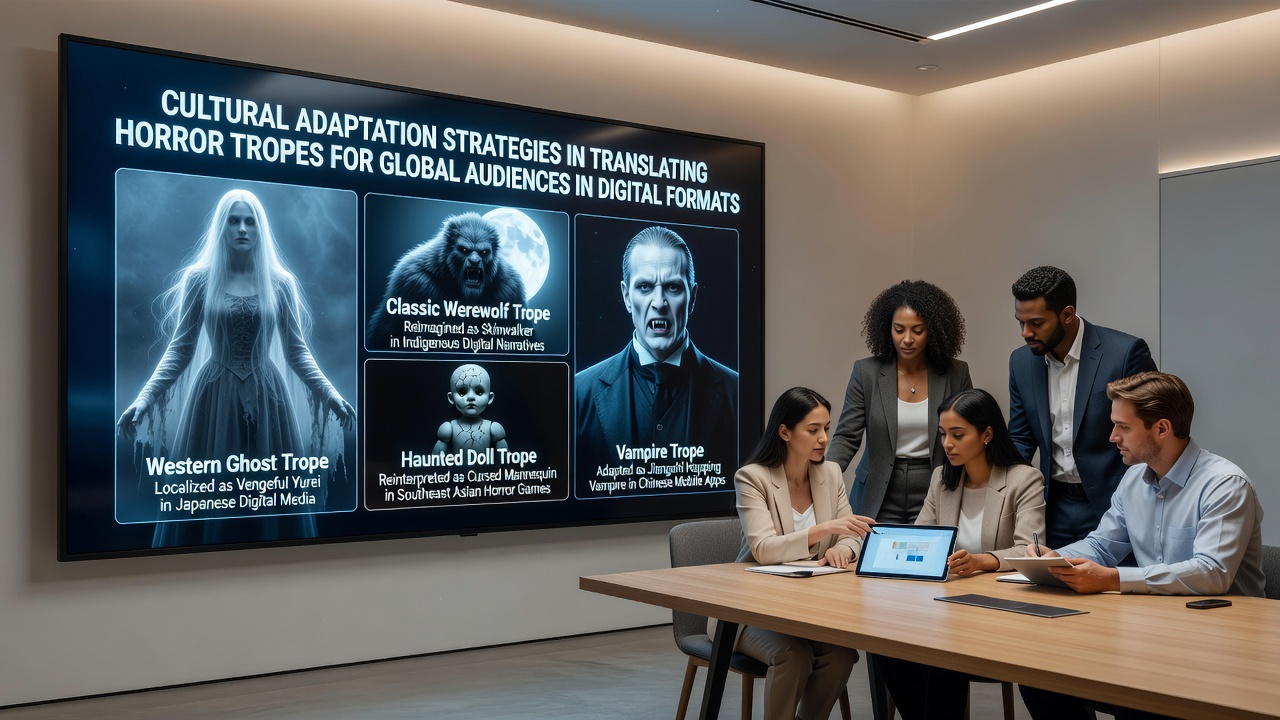 Digital platforms displaying adapted horror content across multiple cultural interfaces and subtitle options