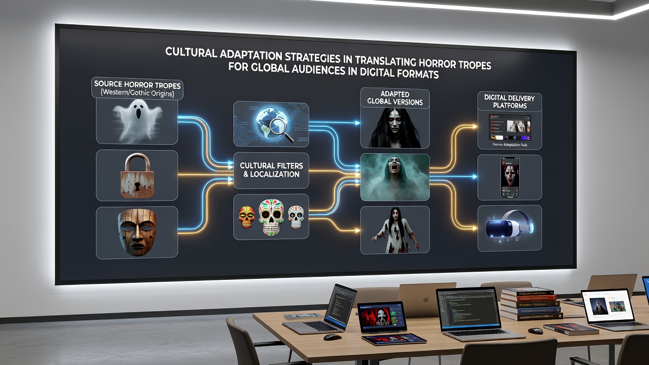 Global horror adaptation workflow showing cultural mapping tools and subtitle localization interfaces on digital editing software