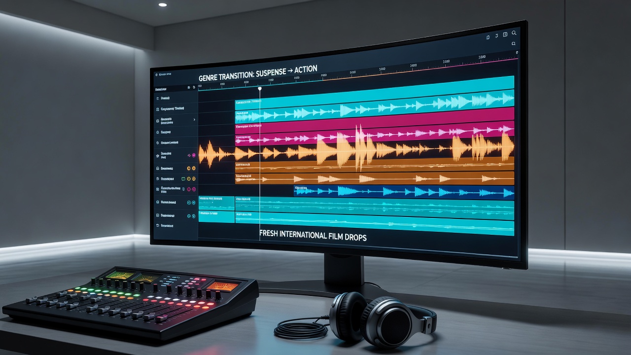 Sound engineers layering audio tracks during post-production for an international film release