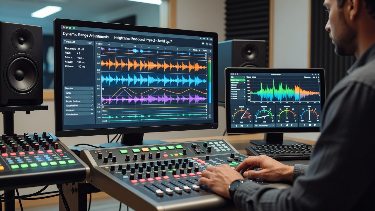 Studio mixing console with dynamic range meters active during post-production for a genre series