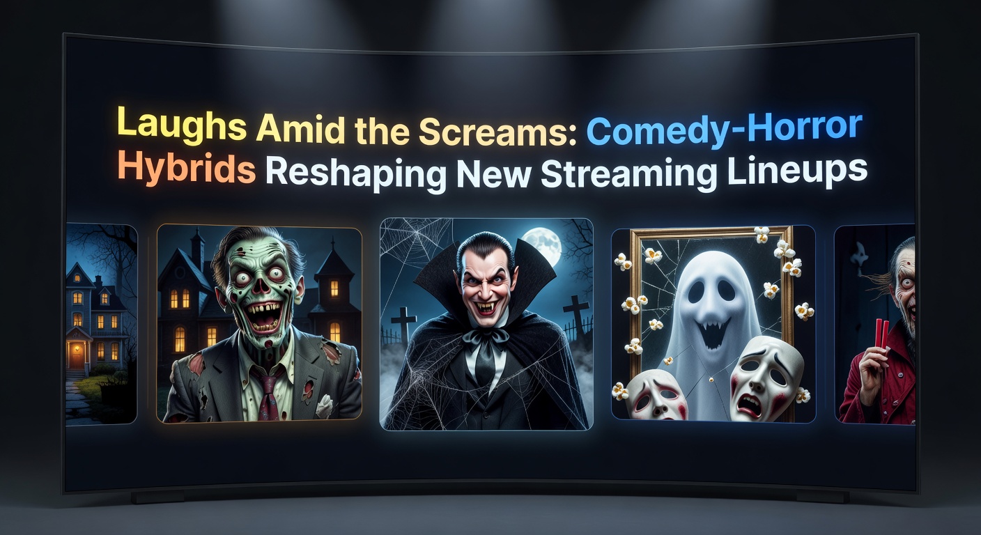 A split-screen poster featuring a grinning vampire mid-laugh next to a shadowy haunted house, capturing the essence of comedy-horror fusion in streaming hits