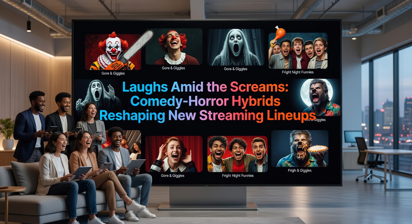 Scene from a comedy-horror series showing characters laughing hysterically while fleeing a monstrous creature in a dimly lit mansion, embodying the genre's thrilling mix