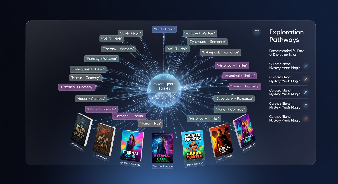 Digital interface displaying layered metadata tags for mixed-genre content navigation in an entertainment library