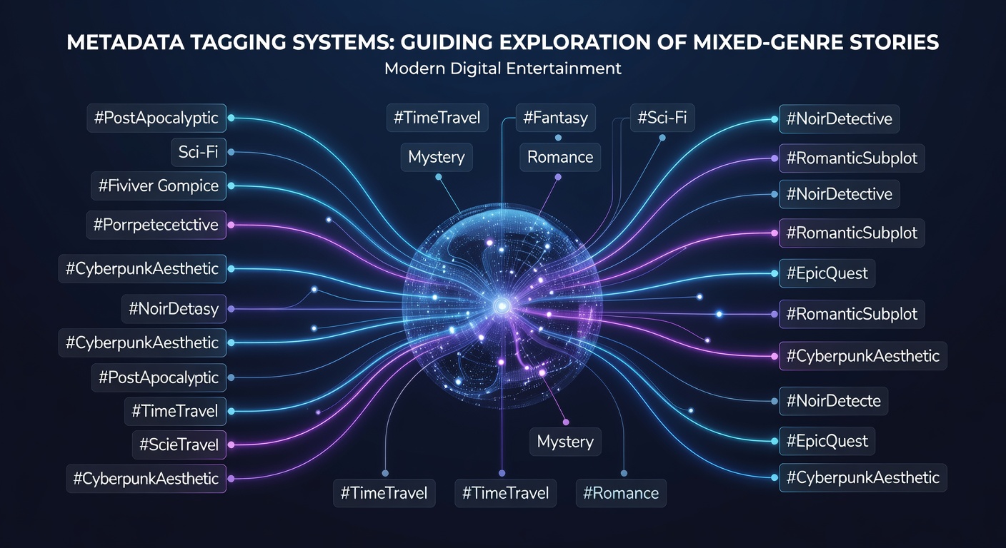 Visualization of interconnected metadata tags linking mixed-genre narratives across a digital entertainment platform