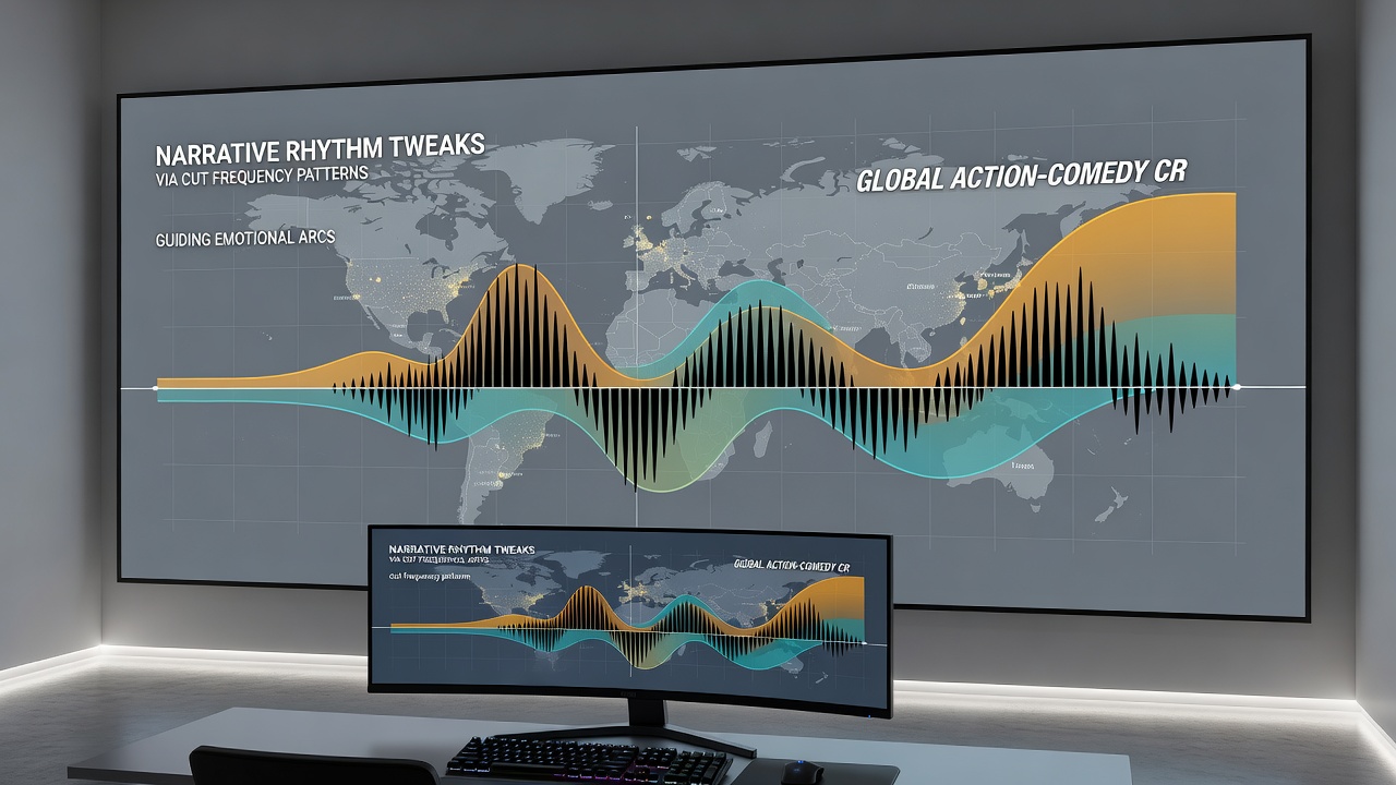 Comparative editing timelines from action-comedy crossovers illustrating cut frequency adjustments across emotional peaks and valleys