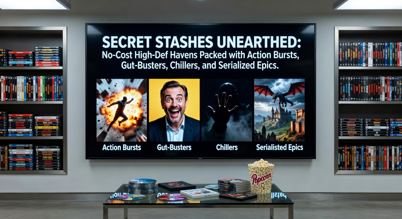 Digital treasure chest overflowing with high-definition movie and series icons from action, comedy, horror, and episodic adventures