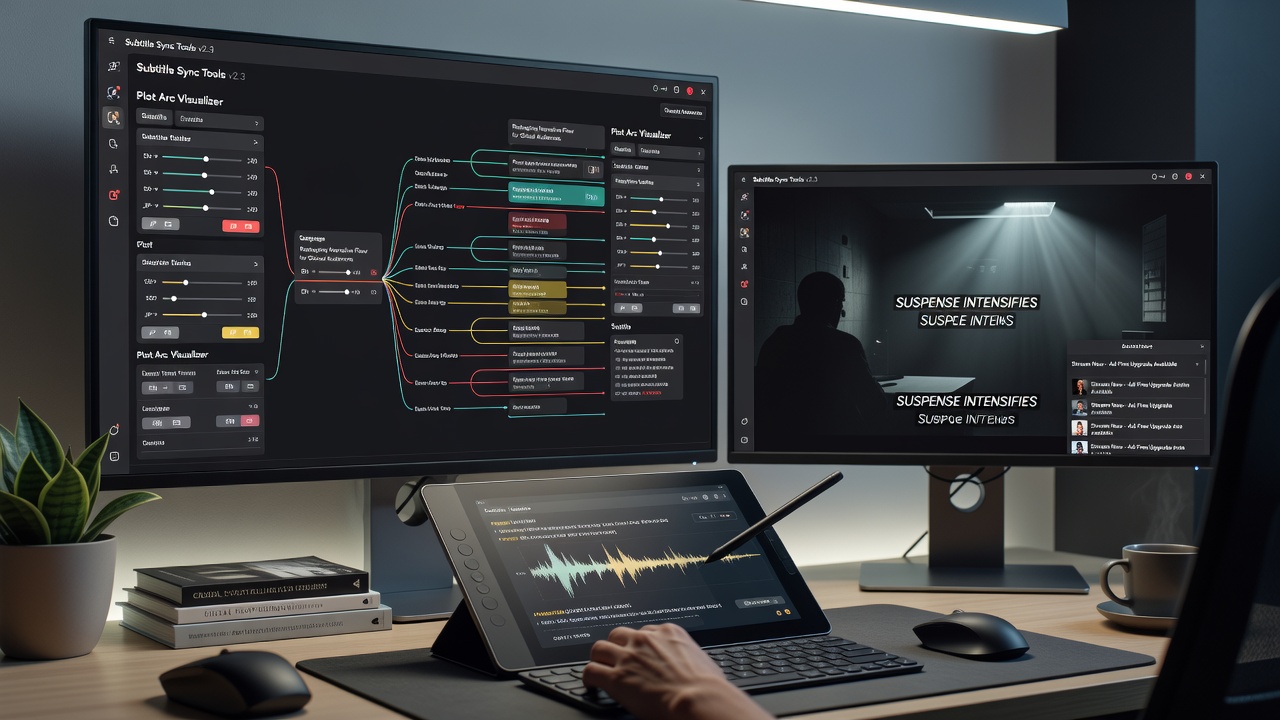Viewer adjusting subtitle settings during playback of an international suspense series in an ad-supported archive