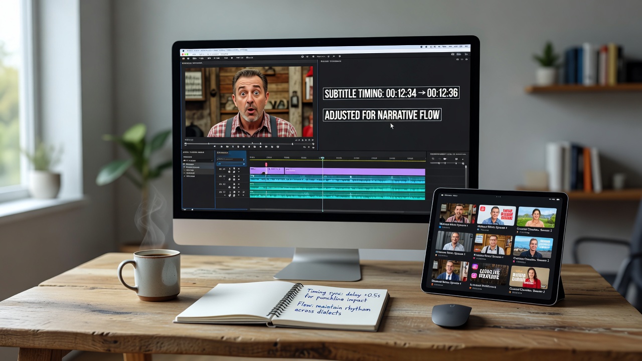 Digital platform interface showing subtitle timing controls overlaid on a comedy scene with regional text variations