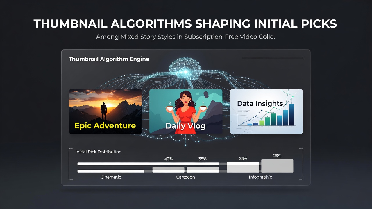 Close-up view of algorithm-driven thumbnail variations for action, comedy, and horror content in free video collections