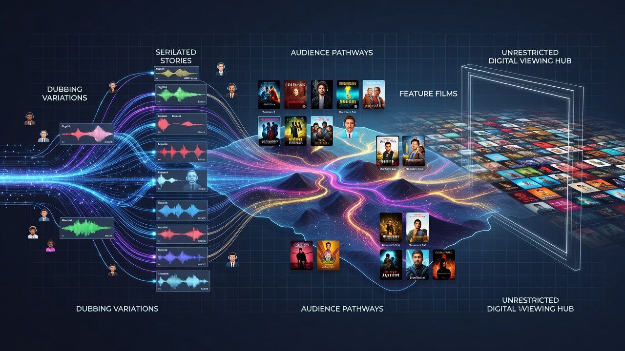 Dubbing variations in digital streaming libraries showing multiple language tracks for series and films