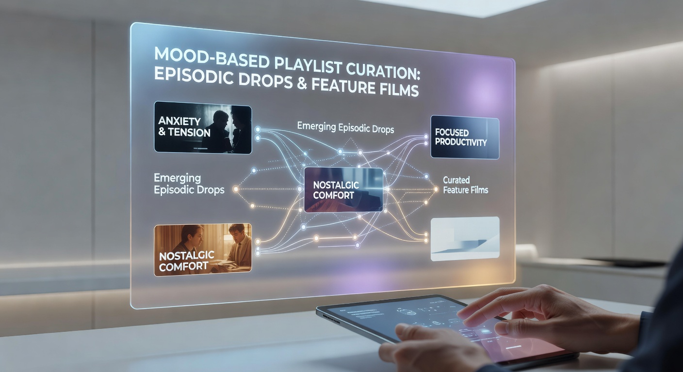 Viewers organizing digital playlists with mood categories for new TV episodes and movies
