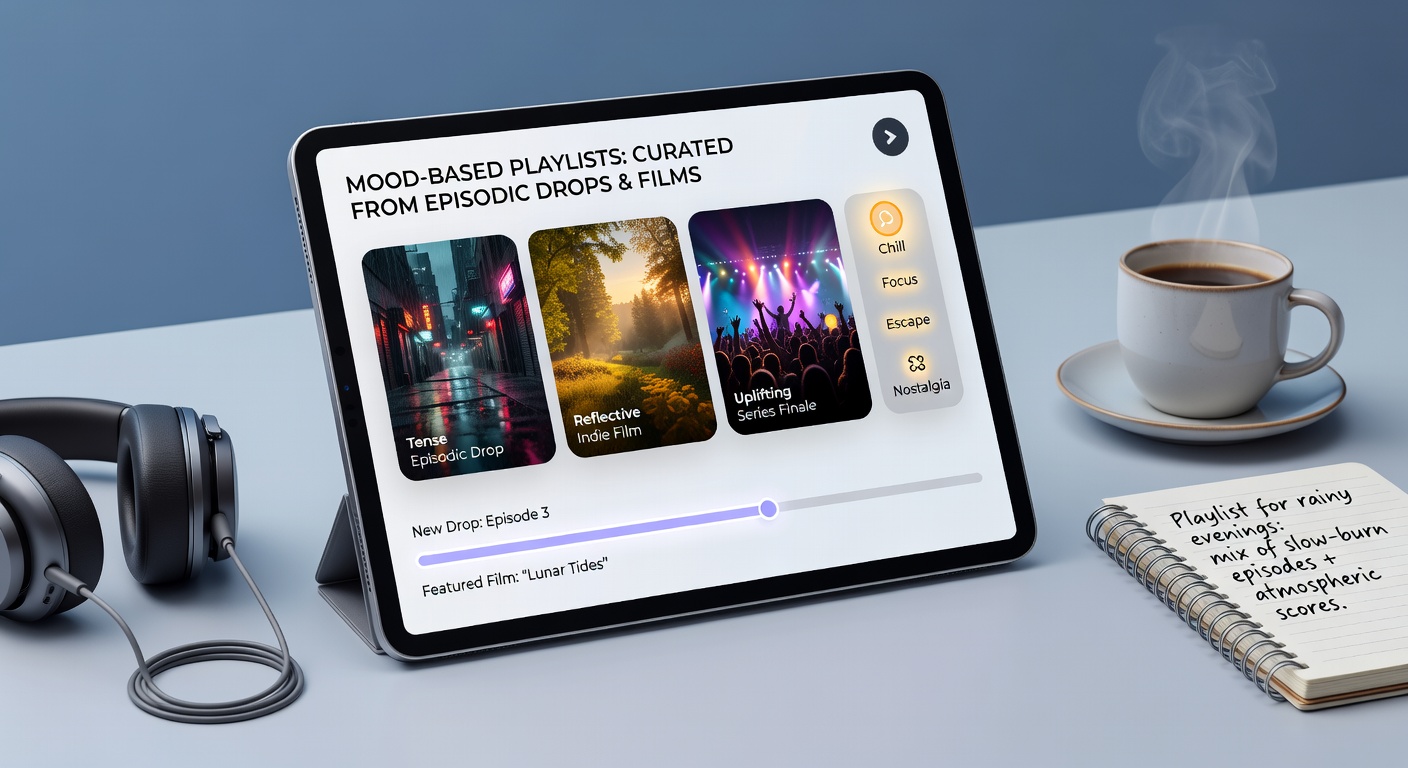 Detailed view of a curated playlist mixing episodic series segments and feature films by mood